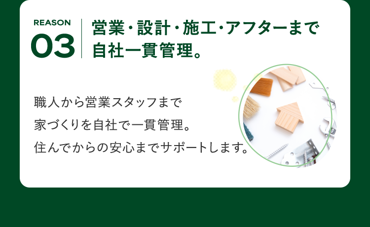 REASON 03 営業・設計・施工・アフターまで自社一貫管理。職人から営業スタッフまで家づくりを自社で一貫管理。住んでからの安心までサポートします。